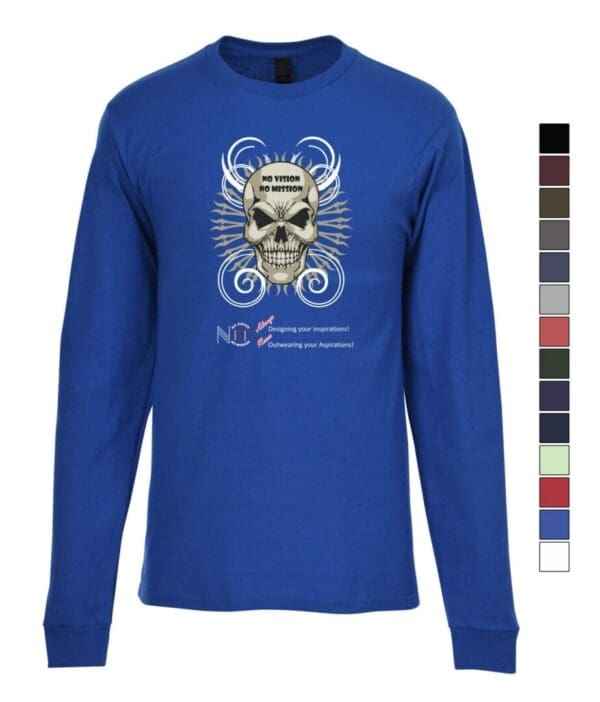 A long sleeve t-shirt with a skull design on it.