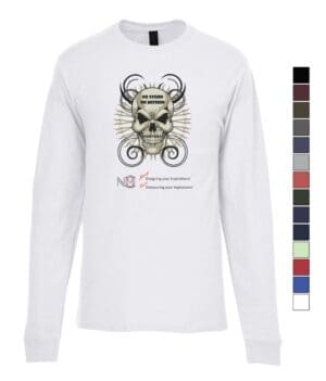 A long sleeve t-shirt with a skull and horns on it.