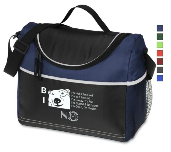 A blue and black bag with different colored straps