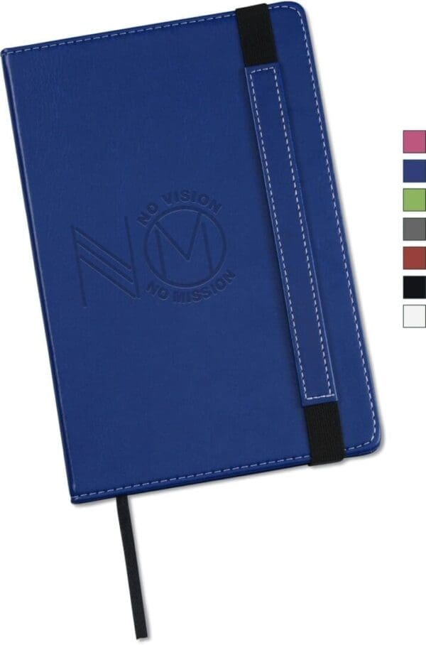 A blue notebook with a pen and a number on it.