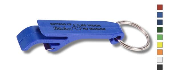 A blue key chain with a bottle opener attached.