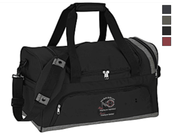 A black duffel bag with a logo on it.