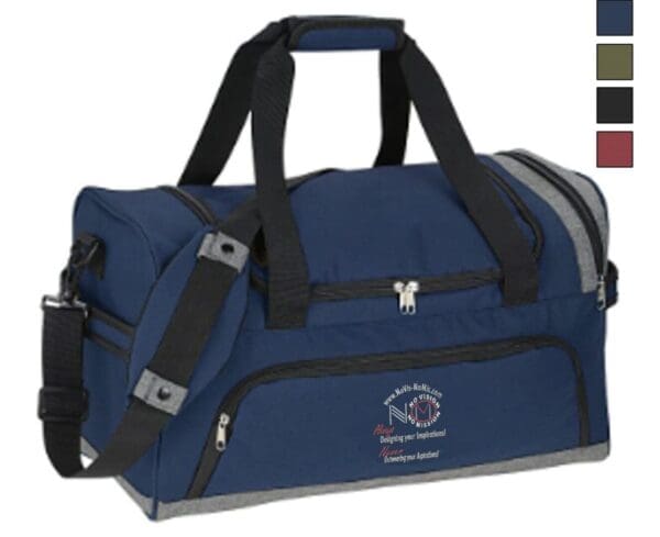 A blue duffel bag with a logo on it.