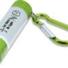 A green and white keychain with a carabiner attached.