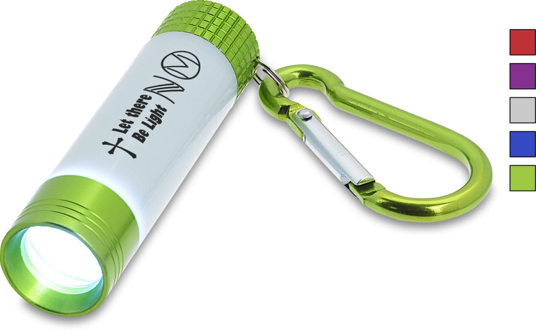 A green and white keychain with a carabiner attached.