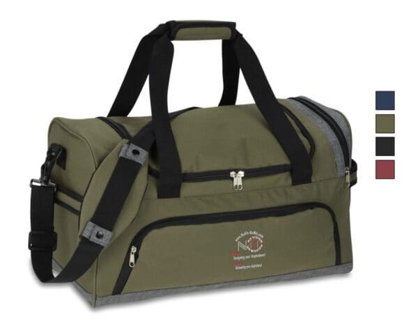 A duffel bag with two compartments and one large compartment.