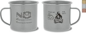 Two mugs with a fire and some writing on them