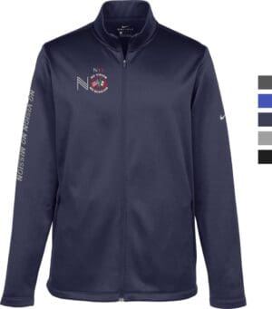 A navy blue jacket with the letters nca and a logo on it.