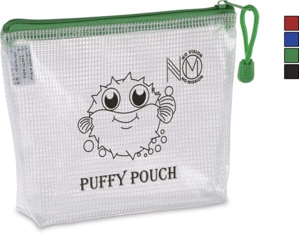 A green and white bag with a picture of a puffer fish