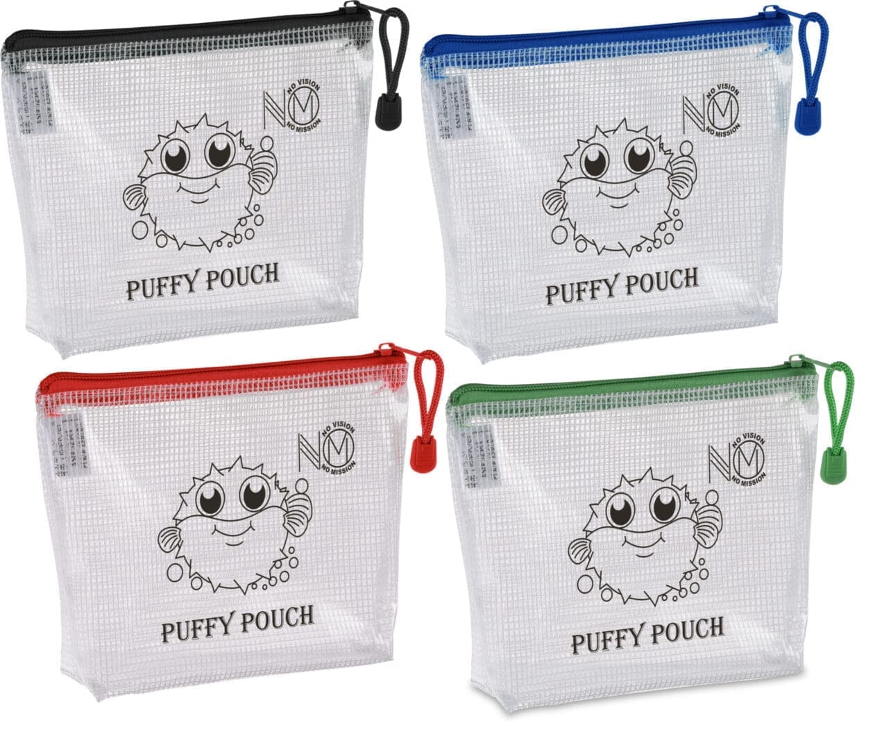 A group of four different colored bags with the words puppy pouch on them.