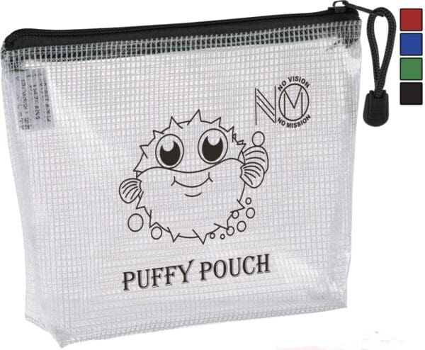 A clear bag with a cartoon of a puff ball