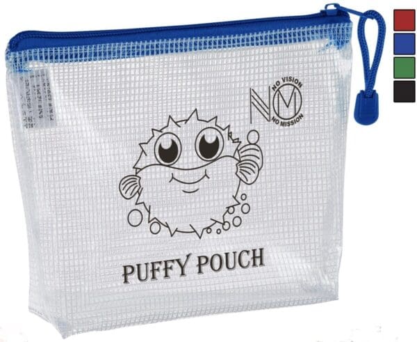 A blue and white bag with a picture of a puff