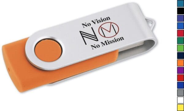 A close up of the top of an orange and white usb flash drive.