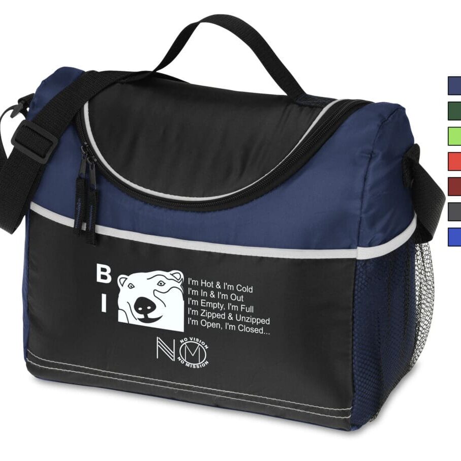 A blue and black bag with different colored straps