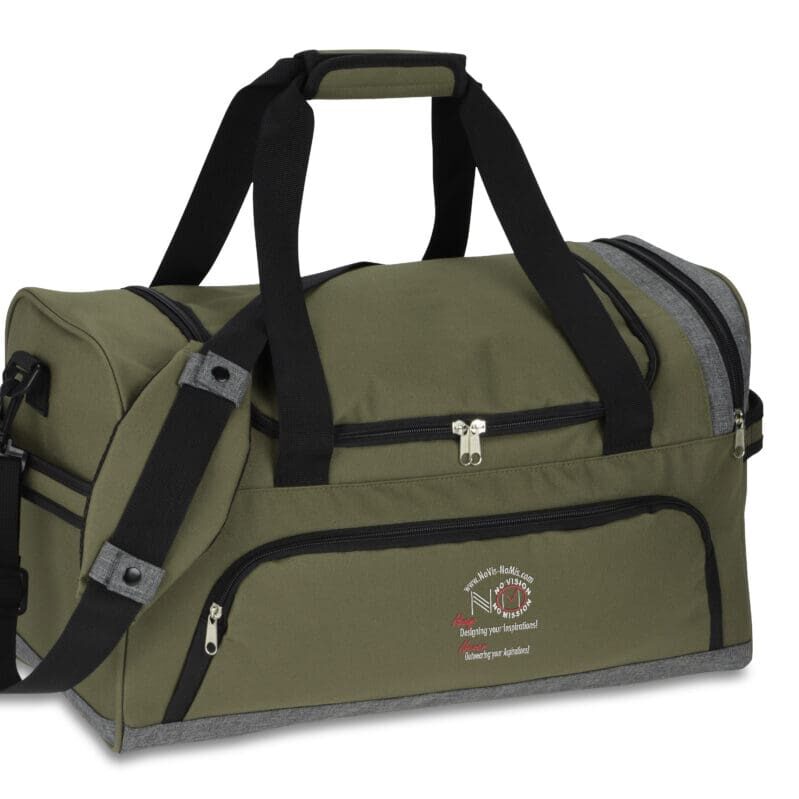 A duffel bag with two compartments and one large compartment.