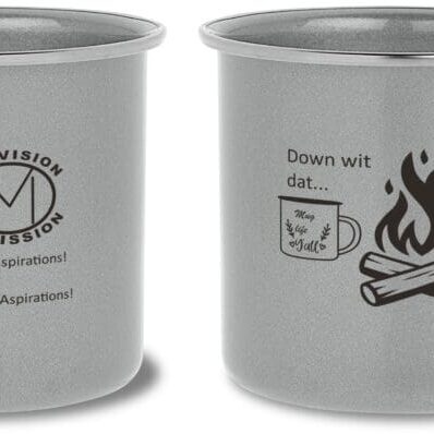 Two mugs with a fire and some writing on them