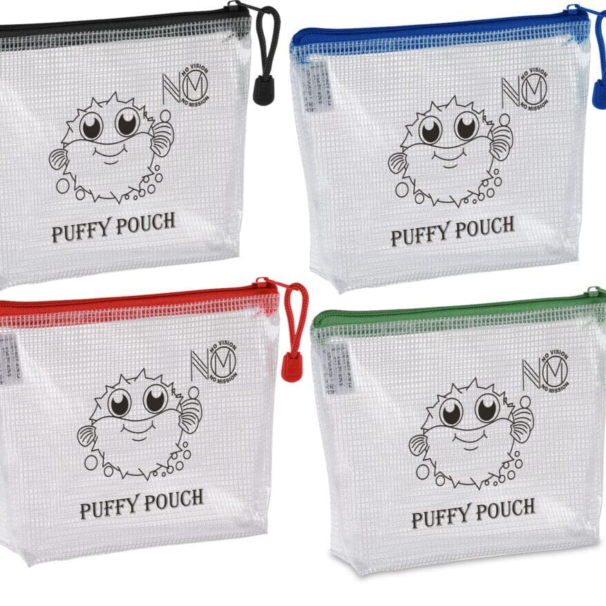 A group of four different colored bags with the words puppy pouch on them.